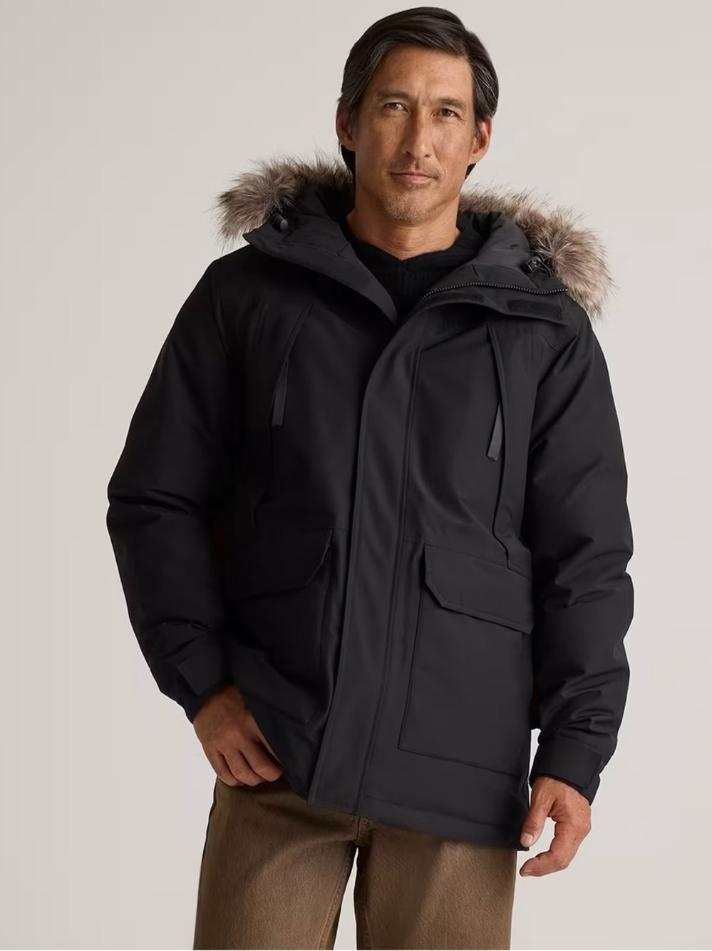 Men's Black Parka Jacket with Faux-Fur Trim Hood